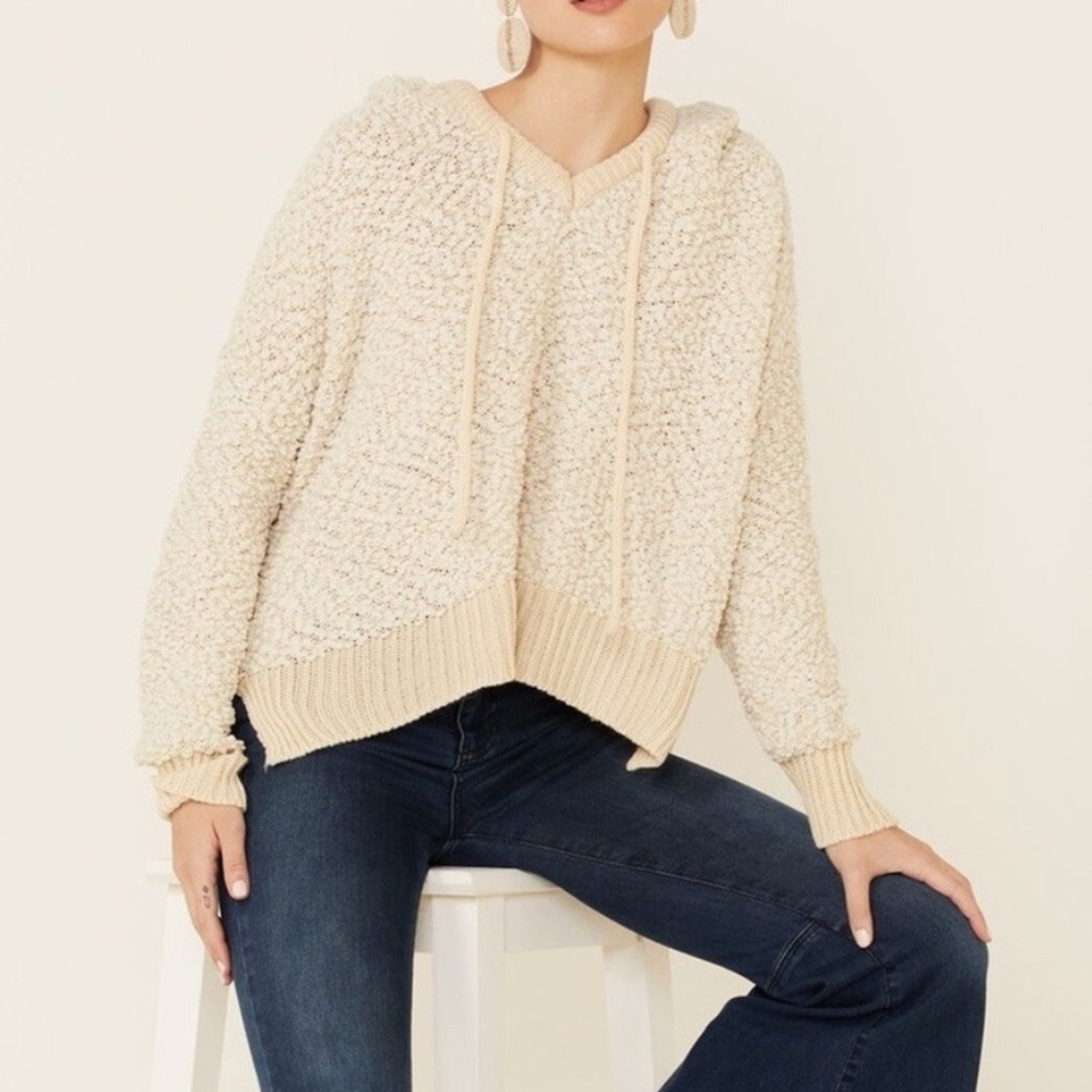 POL Women's Cream Textured Popcorn Knit Hoodie Sweatshirt